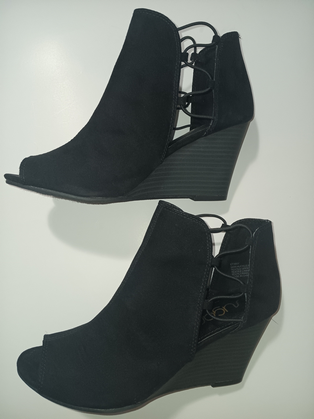 Sugar Black Peep-Toe Lace-Up Wedge Shooties